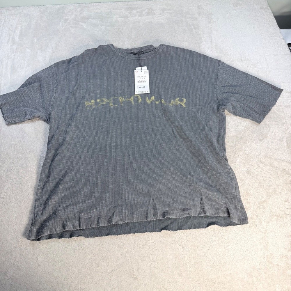 Zara T-Shirt Oversized Graphic Men XL Grey Cotton Ribbed Raw Hem Streetwear